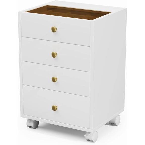 Under Desk Storage, 4 Drawer Small File Cabinet, Chest of Drawer with Glass Top, Mobile Printer Stand with Lockable Wheels for Home Office Study