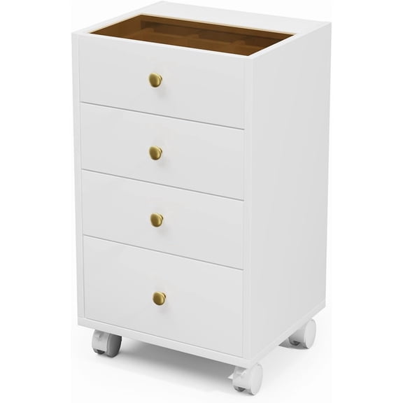 Under Desk Storage, Small Chest of 4 Drawers with Glass Top, Vertical Office Desk Cabinet, Small Mobile Printer Stand with Lockable Wheels