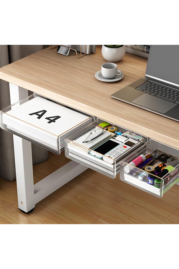 Under Desk Table Drawer Storage Organizer 3 Pack Small & Medium Large Slide Out Drawers - Desktop Adhesive Pencil Tray Table(clear/lms)