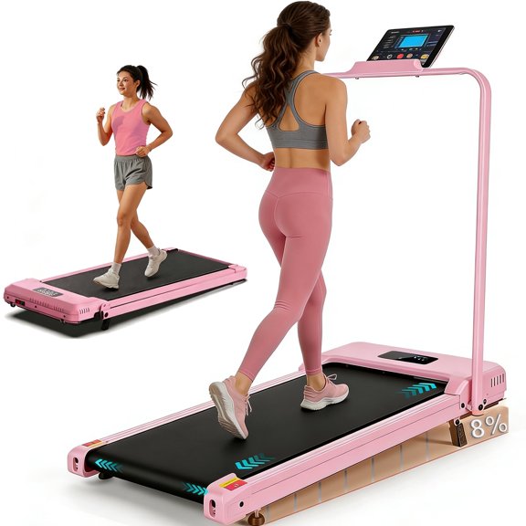 Teopeokl Walking Pad with Handle Bar & 8% Manual Incline, 2.5HP 2-in-1 Under Desk Treadmill for Home Office, 300 lb Capacity Portable Folding Treadmill with Remote Control & LED Display
