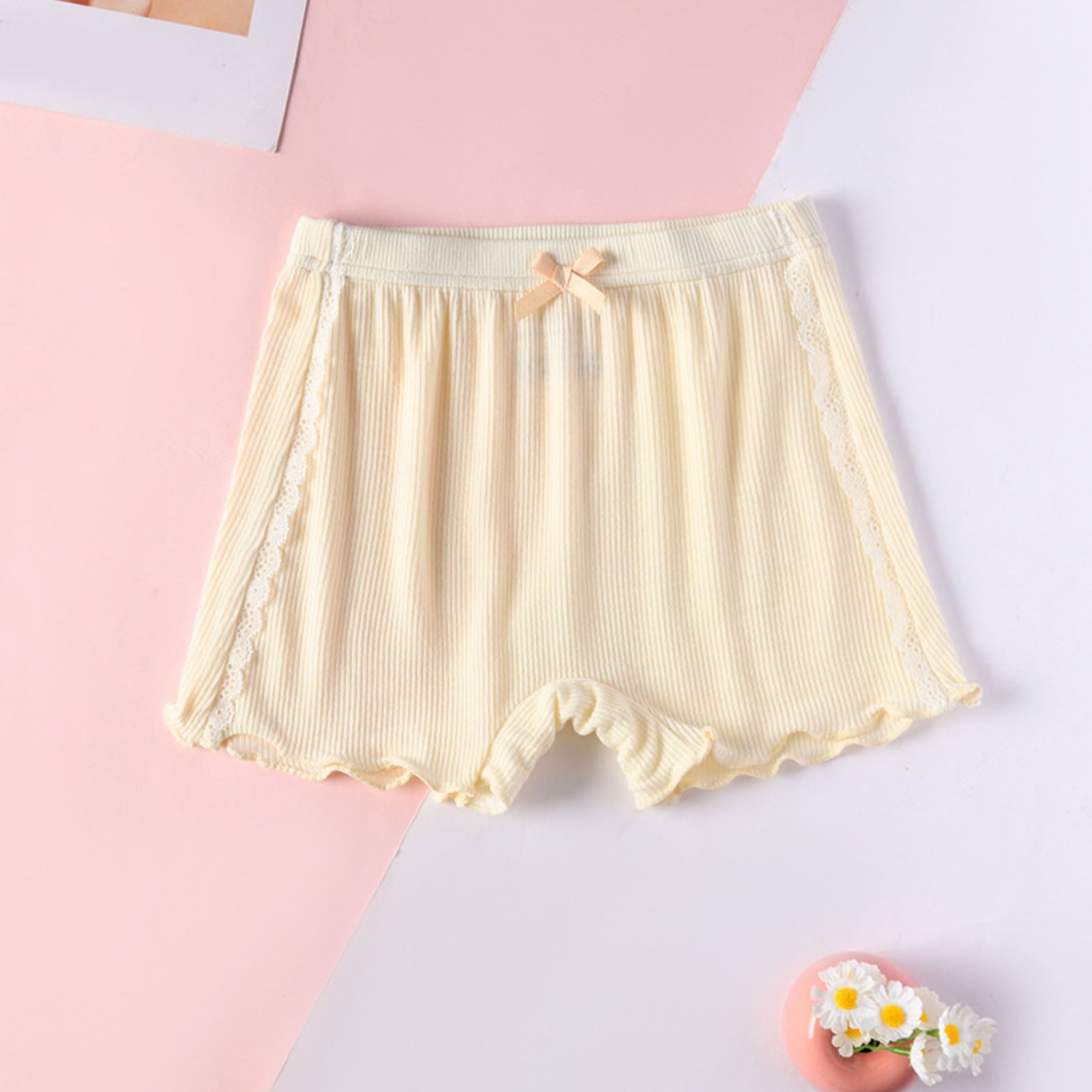 Girls Yellow Washed Cotton Regular Fit Above Knee Shorts