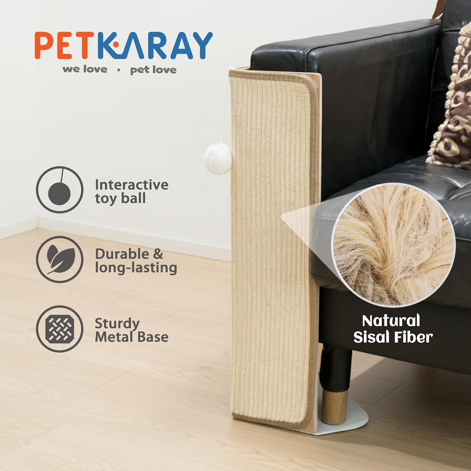 Under-Furniture  Scratcher, 23.6'' Sisal Scratching Post for Couch Corner, Furniture Protector Scratch Pad for Sofa with Toy Ball