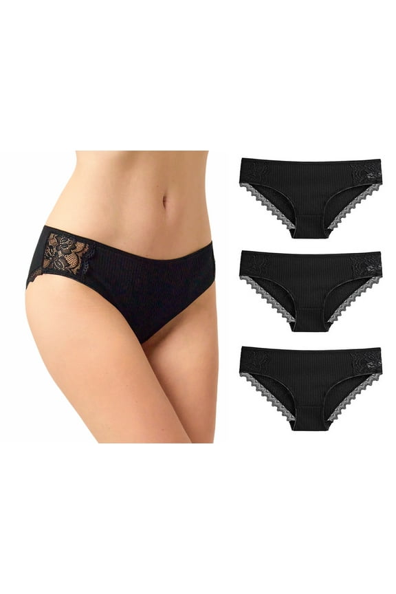 Women 3 Pack Black Comfortable Cotton Underwear Briefs Panties with Lace Detail