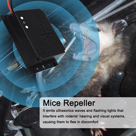 Under Hood Animal Repeller Ultrasonic Rodent Mice Deterrent Device with LED Strobe Lights for Car Engine Bay Trunk RV Garage Warehouse Pest Control
