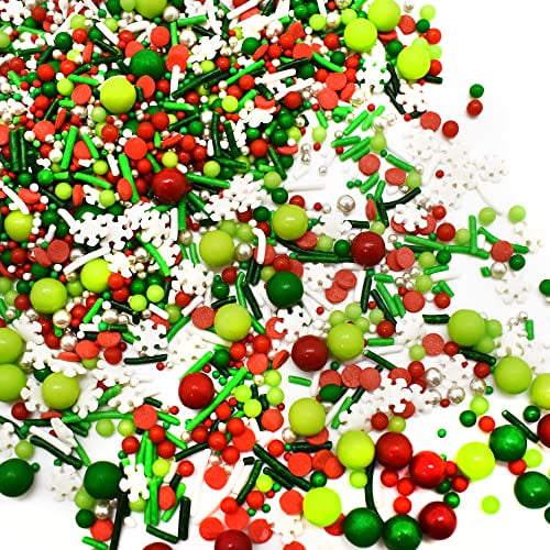 Under the Mistletoe - 8 Oz Sprinkle Resealable Bag - Christmas Themed Sprinkle Mix - Featuring Green, Lime Green, and Red Pearls, White Jimmies, Snowflake Quins, and Silver Nonpareils