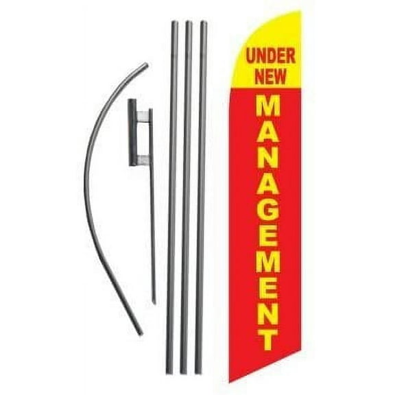 Under New Management Advertising Feather Banner Swooper Flag Sign with Flag Pole Kit and Ground Stake
