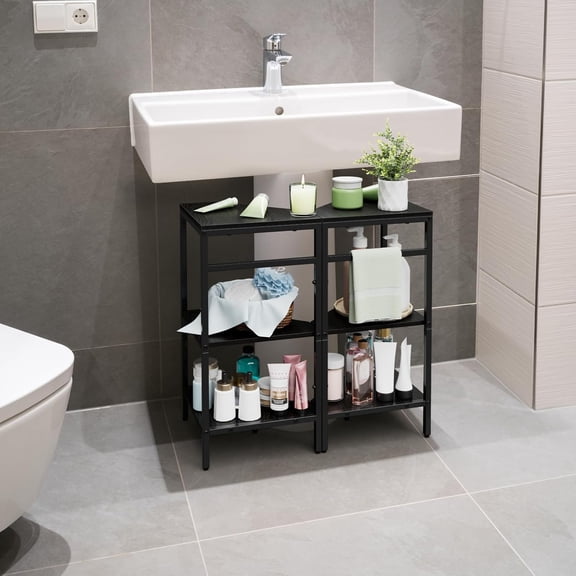 Under Pedestal Sink Shelf 2 Pack Corner Shelf Stand for Bathroom Storage Rack Organizer Holder, Black