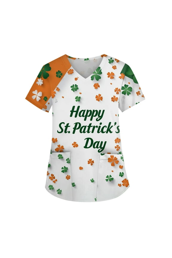 Under Scrub Tops for Women Irish Shamrock Printed V Neck Breathable Scrub Tops Short Sleeve Professionals Soft Stretch St. Patrick's Day T-Shirts with Pockets (White)