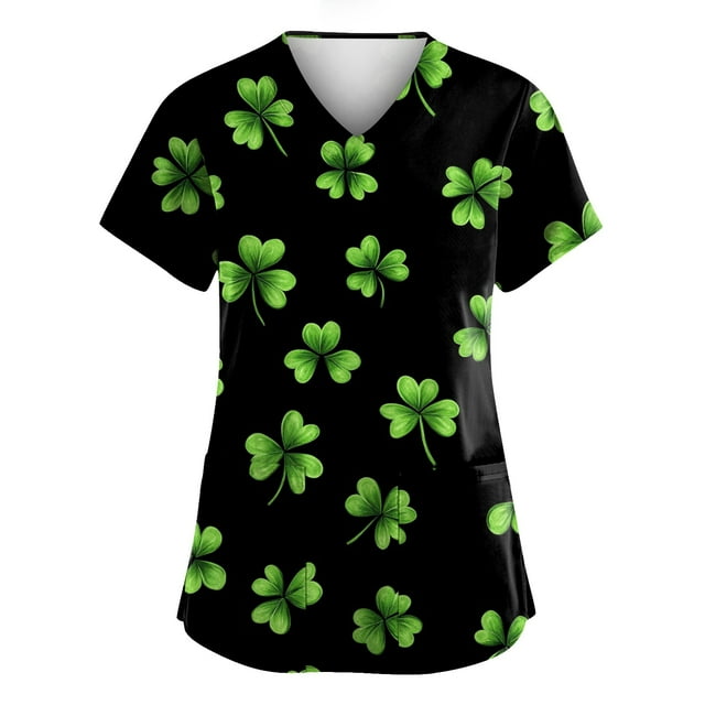 Under Scrub Tops for Women Irish Shamrock Printed V-Neck Breathable T-Shirts Short Sleeve Professionals Soft Stretch St. Patrick's Day Workwear Shirt with Pockets fluorescent green 3X-Large
