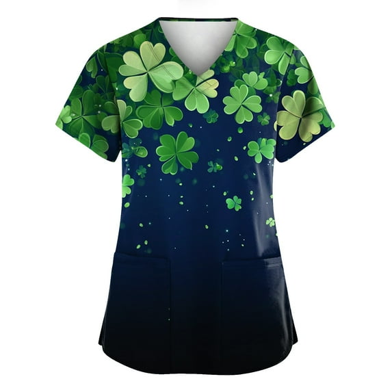 Under Scrub Tops for Women Irish Shamrock Printed V Neck Breathable Workwear Shirt Short Sleeve Professionals Soft Stretch St. Patrick's Day Scrub Tops with Pockets green Medium