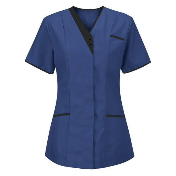 Scrubs for Women Solid Color V Neck Plus Size Scrub Tops Short Sleeve Stretchy Workwear Shirt with Pockets (Dark blue)