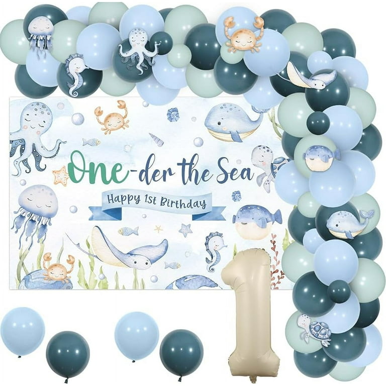 Under the Sea 1st Birthday Decoration Boy, Oneder the Sea 1st Birthday  Decorations Backdrop Ocean Animal Stickers Balloon Garland Kit Number 1  Foil