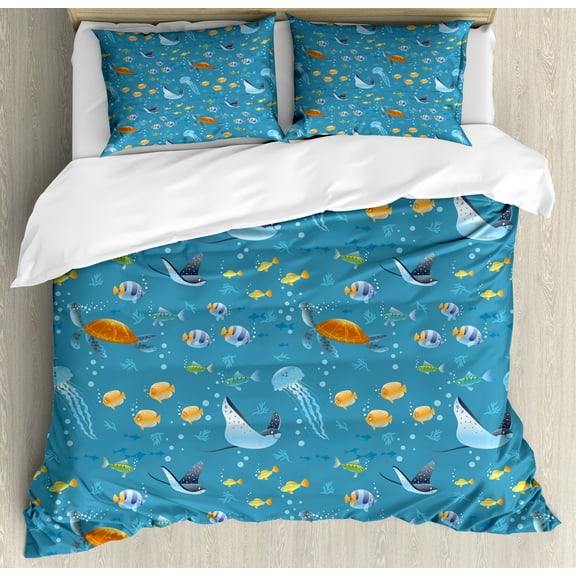 Under the Sea Duvet Cover Set, Cartoon Style Fish Turtle Swimming Underwater Deep Ocean Scene, Decorative 3 Piece Bedding Set with 2 Pillow Shams, Calking Size, Sea Blue and Multicolor, by Ambesonne