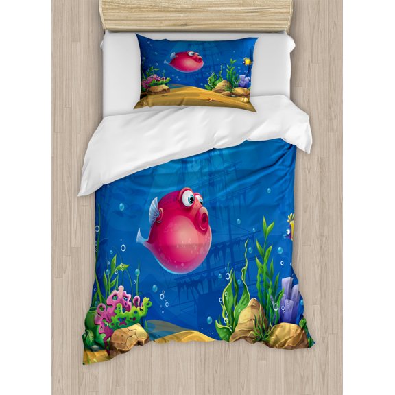 Under the Sea Duvet Cover Set Twin Size, Cartoon Style Funny Sea Characters and Seaweed and the Ocean Life, Decorative 2 Piece Bedding Set with 1 Pillow Sham, Cobalt Blue Multicolor, by Ambesonne