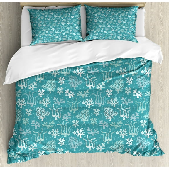 Under the Sea Duvet Cover Set, Whimsical Print of Seaweed Nautical Monochrome Aqua with Bubbles, Decorative 3 Piece Bedding Set with 2 Pillow Shams, King Size, Cadet Blue and Seafoam, by Ambesonne