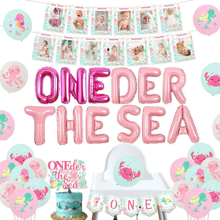 Under the Sea First Birthday Decorations for Girls Ocean Themed 1st  Birthday Party Decorations Oneder the Sea Balloons Newborn to 12 Months  Photo Banner High Chair Banner Cake Topper Printed Balloons 