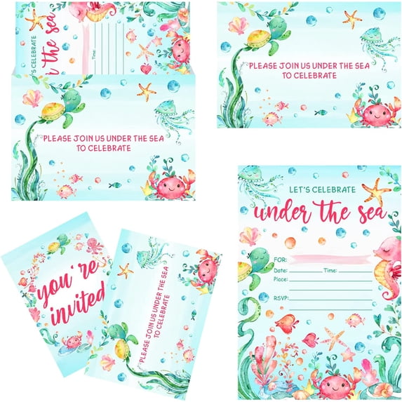 Under the Sea Party Invitations for Girls, Sea Animals Invitations with Envelopes, Baby Shower Invitation Cards, Ocean Themed Baby Shower Birthday Party Supplies (25 Invitations and Envelopes)