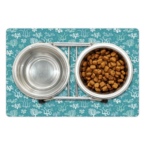 Under the Sea Pet Mat for Food and Water, Whimsical Print of Seaweed Algae Monochrome Aqua with Bubbles, Non-Slip Rubber Mat for Dogs and Cats, 18" X 12", by Ambesonne