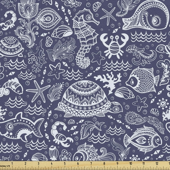 Ambesonne Under the Sea Fabric by the Yard Upholstery, Shells and Plants, 3 Yards, Navy Blue White