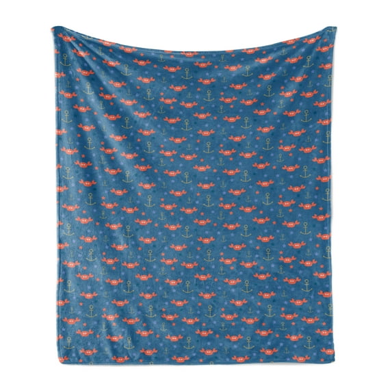 Under the Sea Soft Flannel Fleece Throw Blanket, Sea Crabs Stars and Anchors in Cartoon Style Fun Kids Nursery, Cozy Plush for Indoor and Outdoor Use, 50" x 70", Blue Orange Pale Brown, by Ambesonne