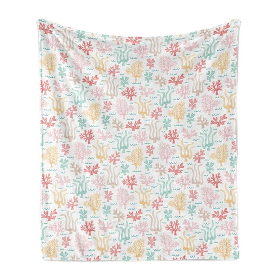 Under the Sea Soft Flannel Fleece Throw Blanket, Whimsical Hand Drawn Sea Life Waves Corals Algae in Soft Tones, Cozy Plush for Indoor and Outdoor Use, 60" x 80", White and Multicolor, by Ambesonne