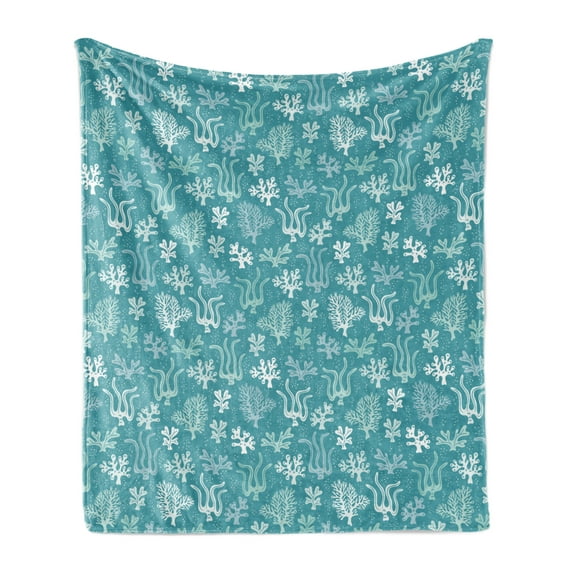 Under the Sea Soft Flannel Fleece Throw Blanket, Whimsical Print of Seaweed Algae Monochrome Aqua with Bubbles, Cozy Plush for Indoor and Outdoor Use, 50" x 70", Cadet Blue and Seafoam, by Ambesonne