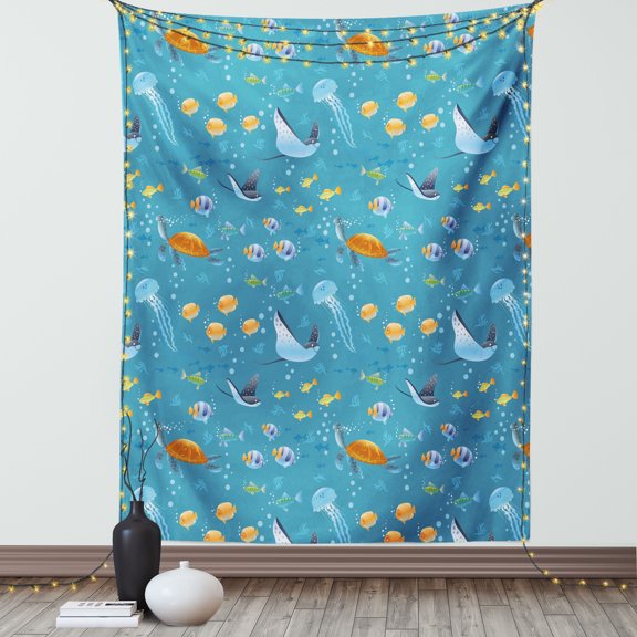 Under the Sea Tapestry, Cartoon Style Fish Turtle Swimming Underwater Deep Ocean Scene, Wall Hanging for Bedroom Living Room Dorm Decor, 40W X 60L Inches, Sea Blue and Multicolor, by Ambesonne