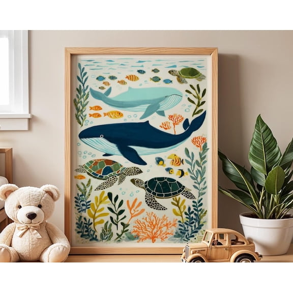 Under Sea Whale Turtle Ocean Animal Wall Art, Unframed Paper Poster 8x10in