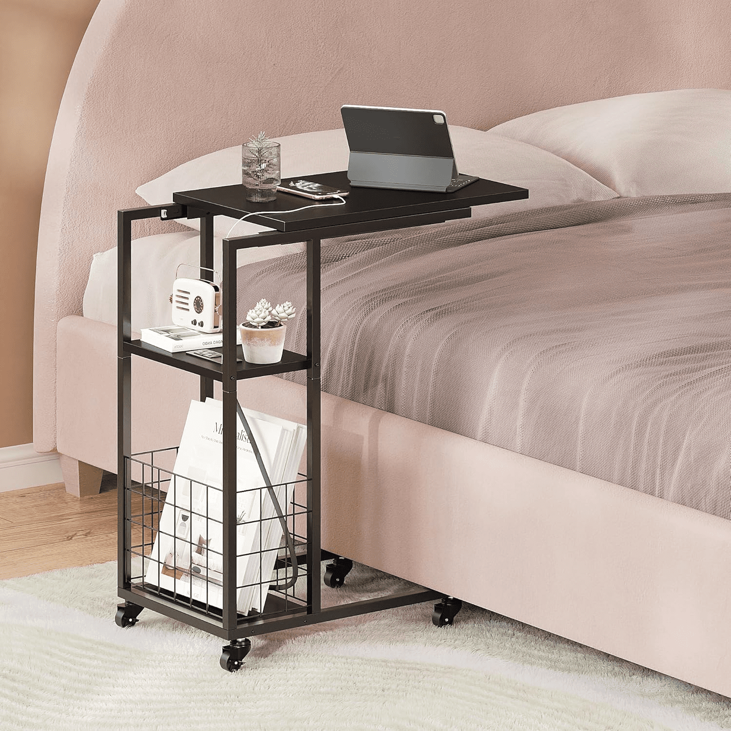 Under Seating Rolling Table with Integrated Power TV Tray with Wheels