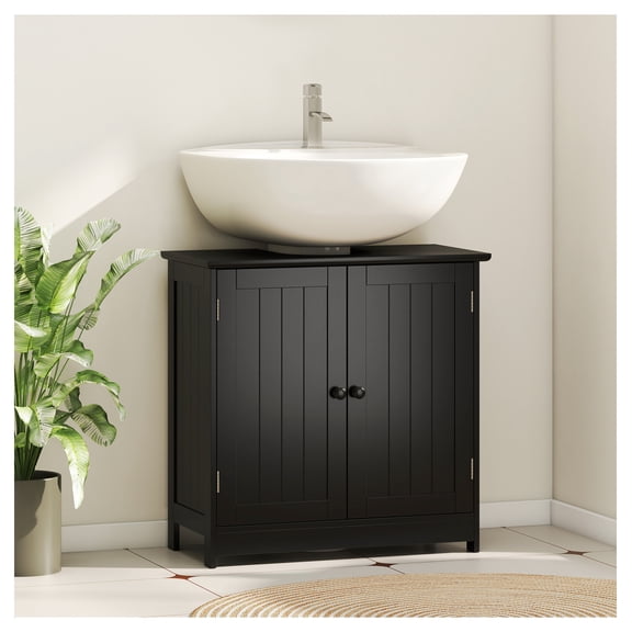 Under Sink Bathroom Cabinet, Pedestal Sink Organizer with Doors, Black Vanity Storage