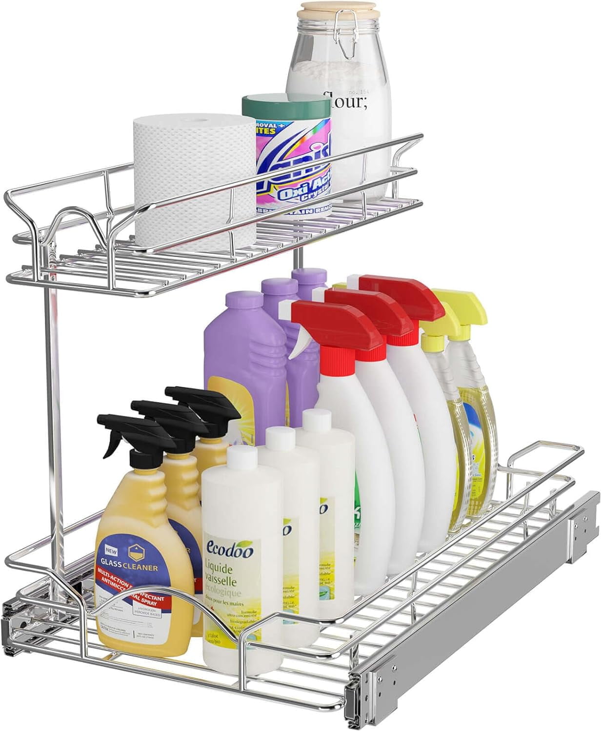 Under Sink Cabinet Organizer Two Tier Pull Out Shelf (11.75W x21D), Under Sink Sliding Shelf for Kitchen Bathroom Cabinet 2 Tier Chrome