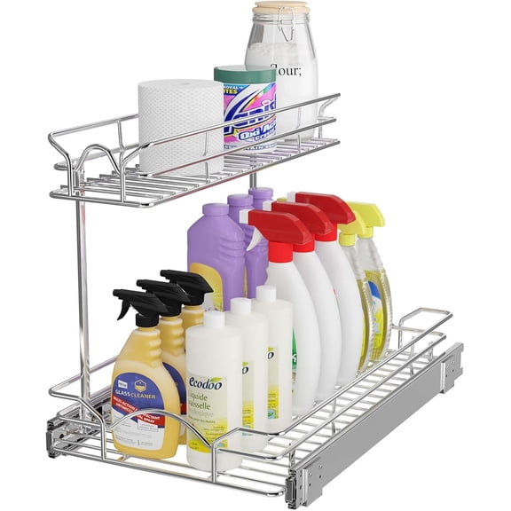 Under Sink Cabinet Organizer Two Tier Pull Out Shelf (11.75W x21D), Under Sink Sliding Shelf for Kitchen Bathroom Cabinet 2 Tier Chrome
