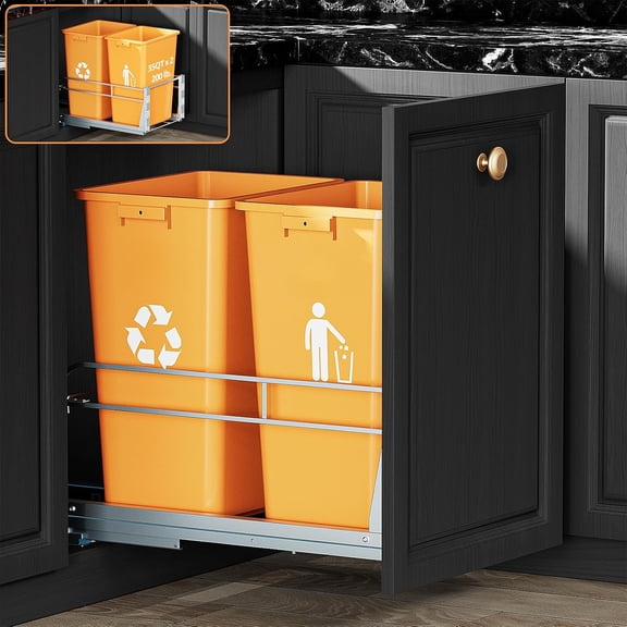 Under-Sink Double Pull-Out Trash Can with Door Mounting Kit, Soft-Close Slides, 40-Quart Steel Construction, Silver Finish