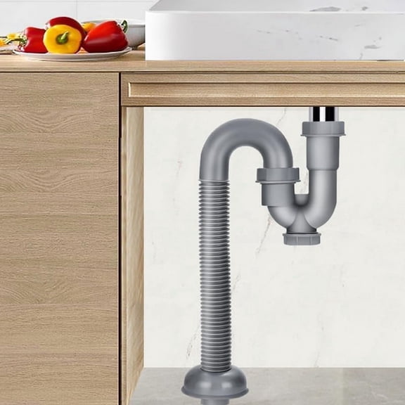 Under-Sink Kitchen Drain Pipe Kit, 1-1/4 Inch ABS, With Cleanout Plug, Odor-, Flexible U-Shaped Backflow Prevention