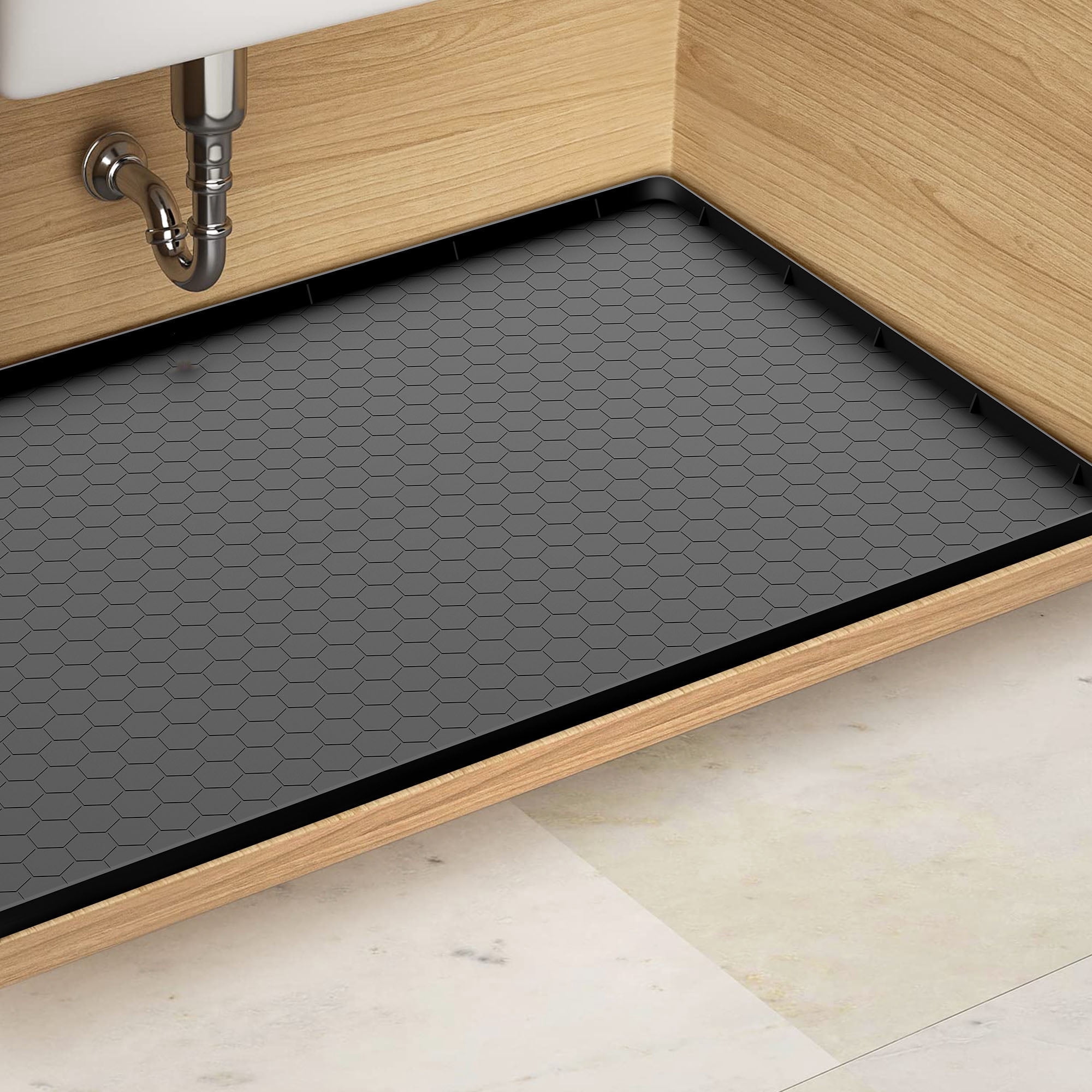 Under Sink Mat, Campmoy 34" x 22" Under Sink Mats for Kitchen Waterproof - Silicone Under Sink Liner Drip Tray with Drain Hole(Black)