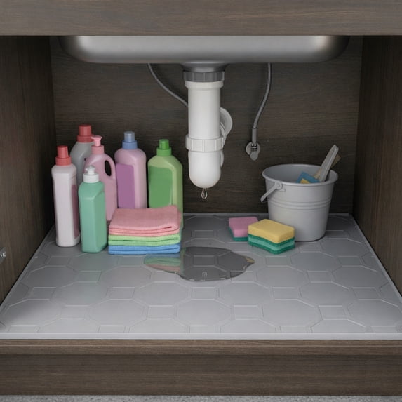 Under Sink Mat – Kitchen Cabinet Liner | NonSlip Silica , LeakProof, Easy Clean, Raised Edge, Drip Tray | Bathroom Use | 27.59 x 22 in