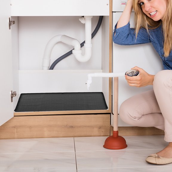 Mobestech Black Rubber Under Sink Mat for Leak Protection in Kitchen and Bath