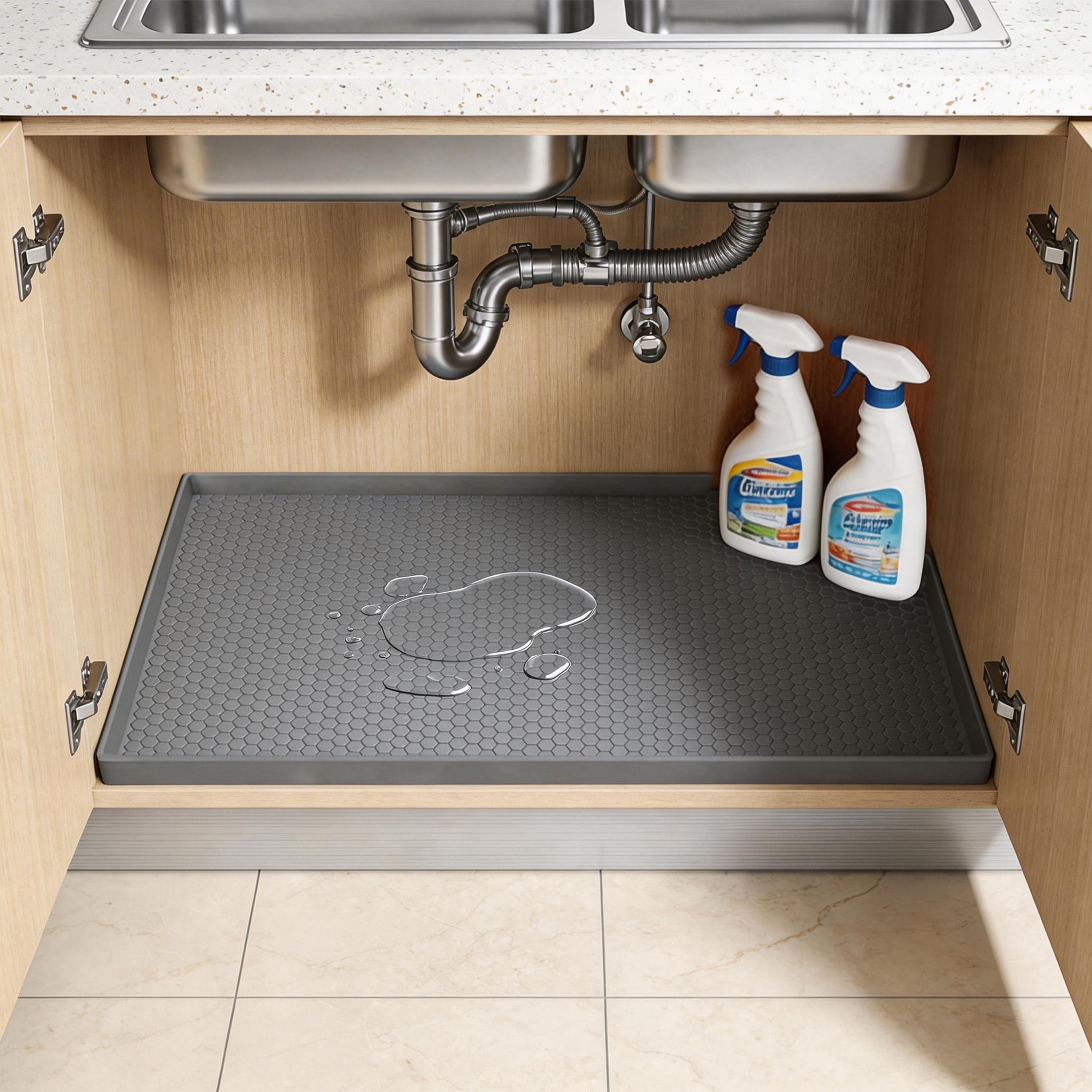 GARITIN Under Sink Mat 34" x 22", Waterproof Silicone Kitchen Cabinet Liner, Non-Slip Protector for Bathroom & Laundry, Gray