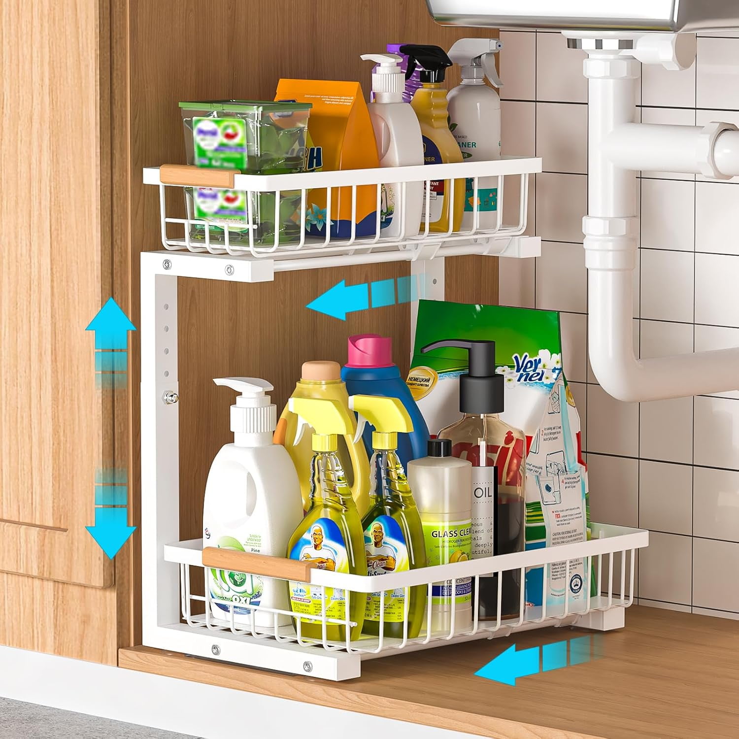 Under Sink Organizer 1 pack, 2 Tier Slide Out Under Sink Organizers And ...