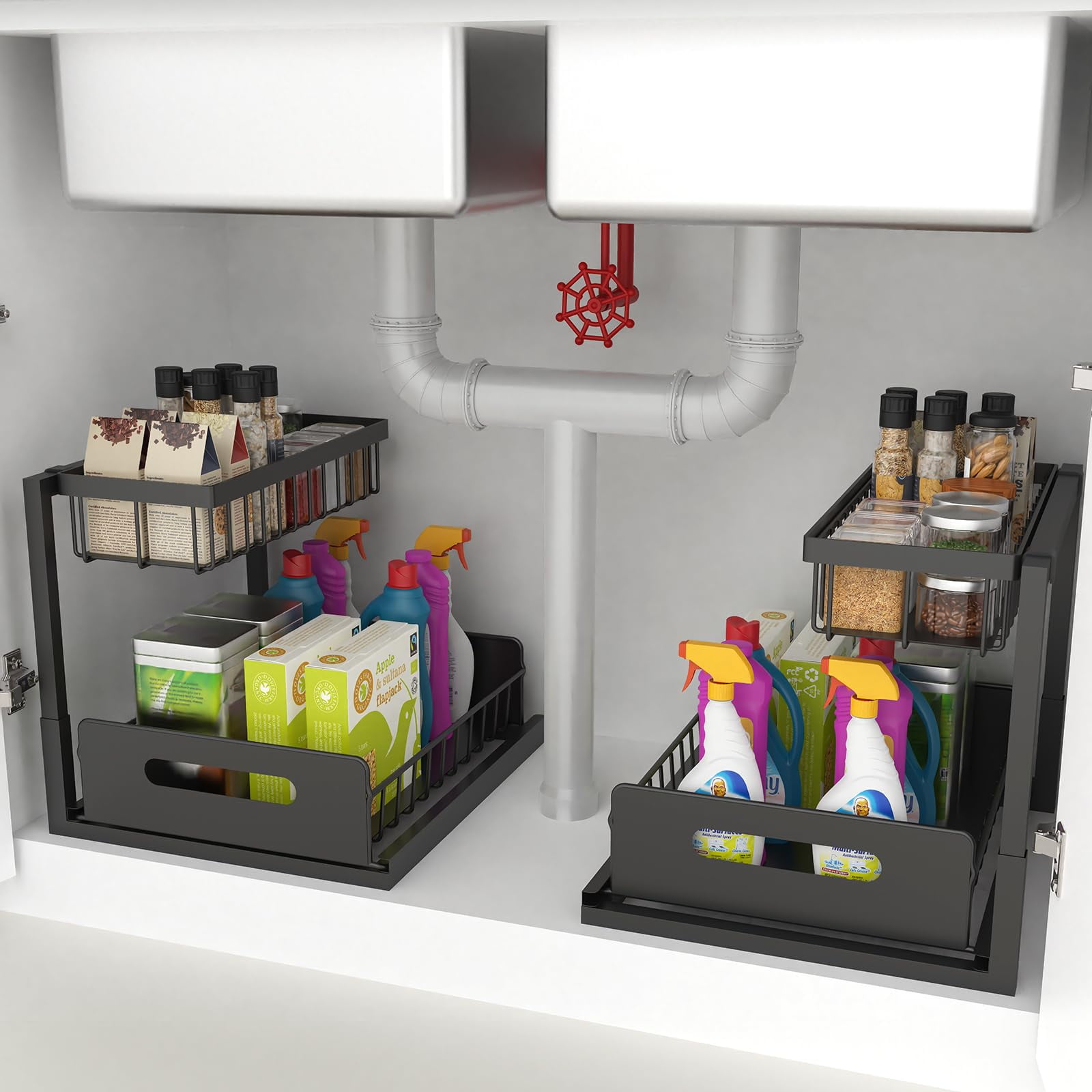 Jayakshi 2-Pack Under Sink Organizer - 2-Tier Pull-Out Shelves With Hooks, Rustproof For Kitchen/Bathroom - View #3
