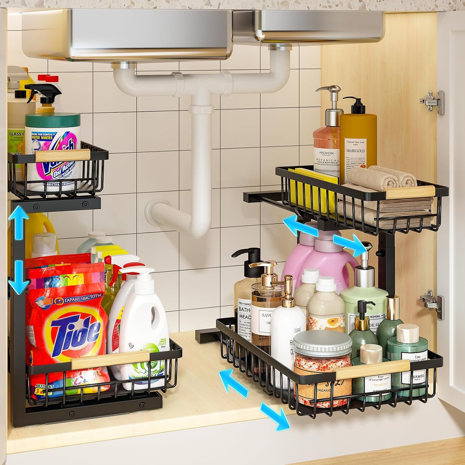 Under Sink Organizer, 2 Pack Height Adjustable Under Sink Organizers ...