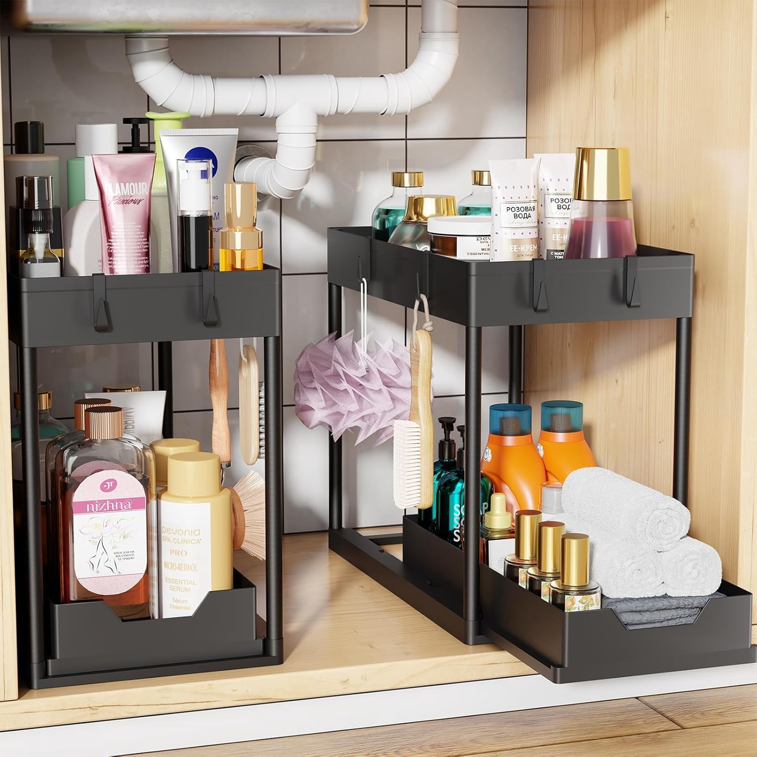 Under Sink Organizer 2 Pack, Sink Pull-Out Sliding Storage Cabinet, 2-Tier Under Shelf Organizer for Kitchen Bathroom, Black