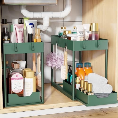 Under Sink Organizer 2 Pack, Sink Pull-Out Sliding Storage Cabinet, 2-Tier Under Shelf Organizer for Kitchen Bathroom, Green