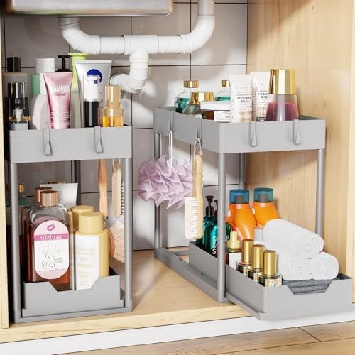Under Sink Organizer 2 Pack, Sink Pull-Out Sliding Storage Cabinet, 2-Tier Under Shelf Organizer for Kitchen Bathroom, Grey