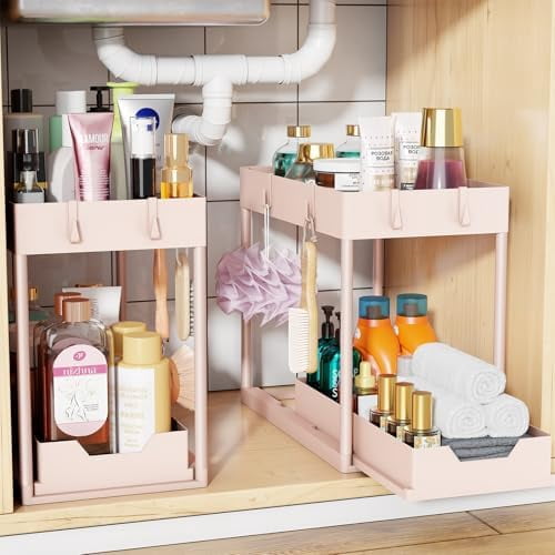 Under Sink Organizer 2 Pack, Sink Pull-Out Sliding Storage Cabinet, 2-Tier Under Shelf Organizer for Kitchen Bathroom, Pink