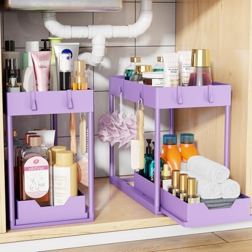 Under Sink Organizer 2 Pack, Sink Pull-Out Sliding Storage Cabinet, 2-Tier Under Shelf Organizer for Kitchen Bathroom, Purple