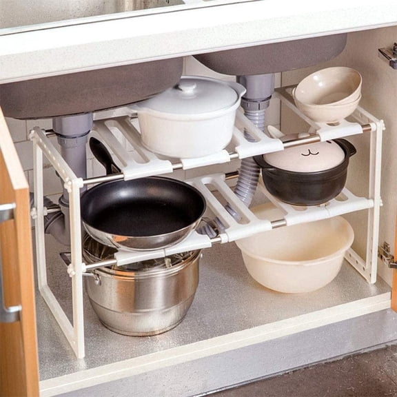 YEERSWAG Expandable Under Sink Storage Organizer, 2-Tier Adjustable Kitchen Cabinet Shelf, Height & Length Extendable Rack for Kitchen Sink, Pantry, Bathroom, Cabinet Storage Organization