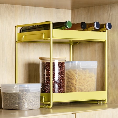 Under Sink Organizer, 2 Tier, Bathroom Standing Rack, Bath Collection Baskets with Non-slip, Multi-purpose Under Cabinet Storage Shelf, Yellow