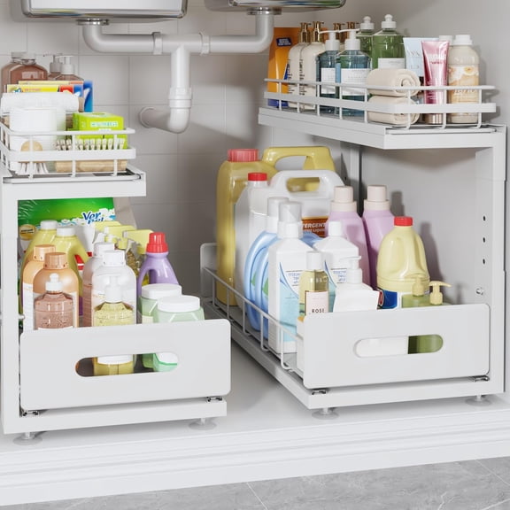Under Sink Organizer 2-Tier Dual Pull Out Cabinet Storage Height Adjustable Slide Out Drawers for Bathroom Kitchen 2 Pack 18.5"D x 12.8"16.9"H White