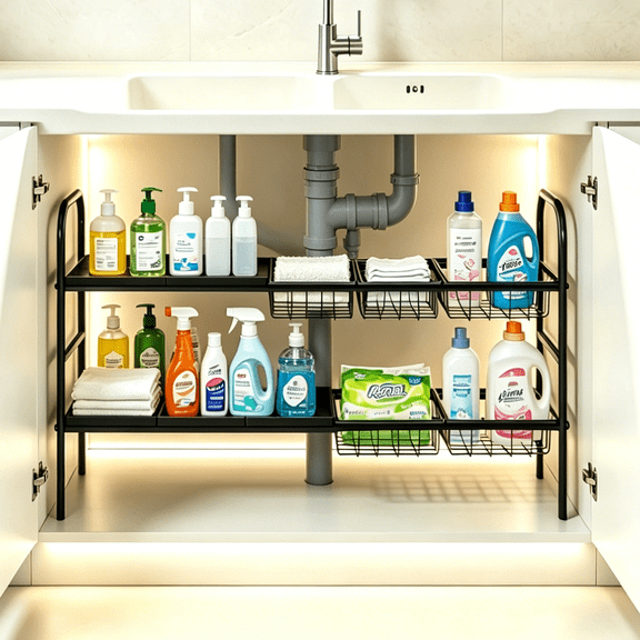Ukmk Under Sink Organizer and Storage 2 Tier Expandable Shelves Crganizers for Cabinet Sink Storage,Black.